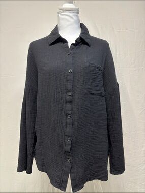 Tag Black Cotton Gauze Button-Up Blouse